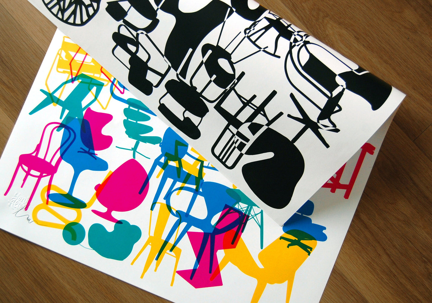Shapes of iconic chairs. Double sided poster