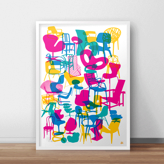 Shapes of iconic chairs. Double sided poster