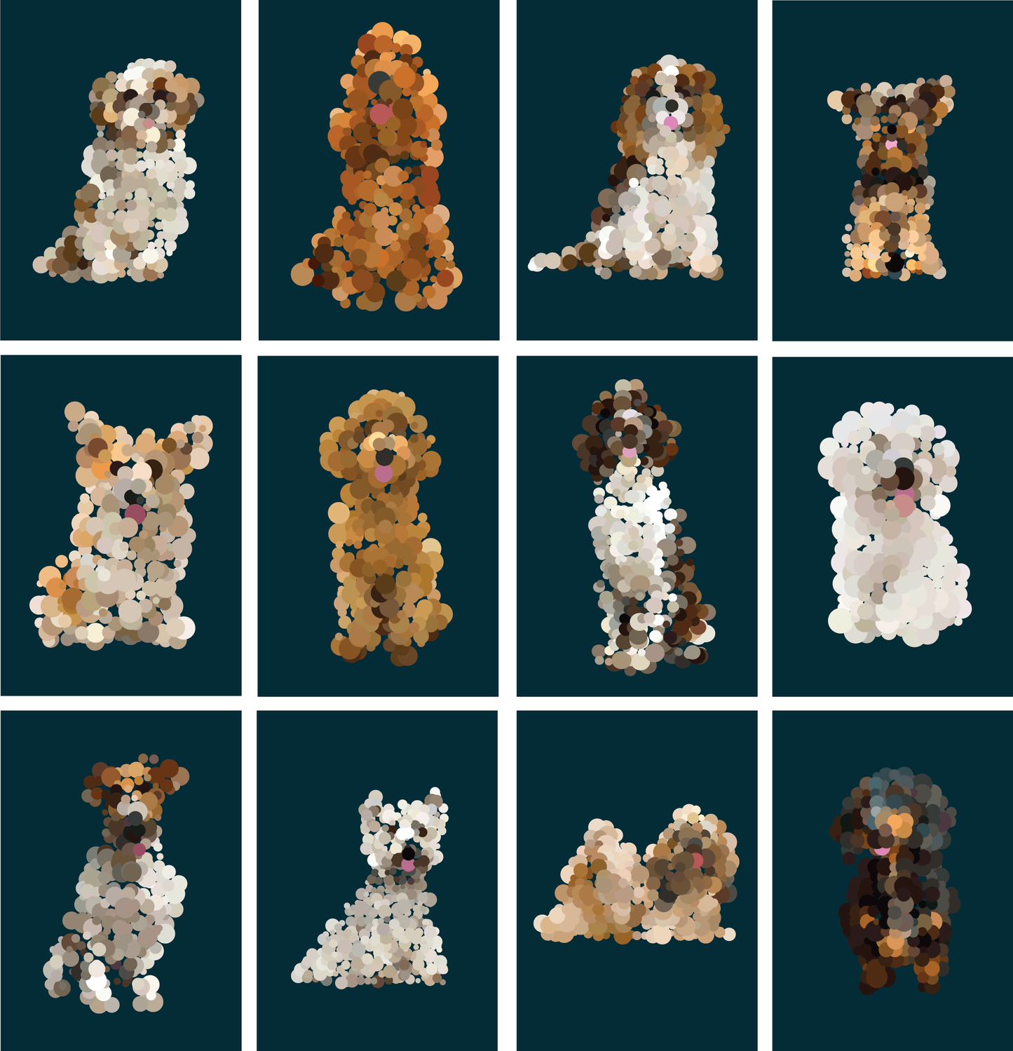 Pointillist happy life-size dogs showing their tongues