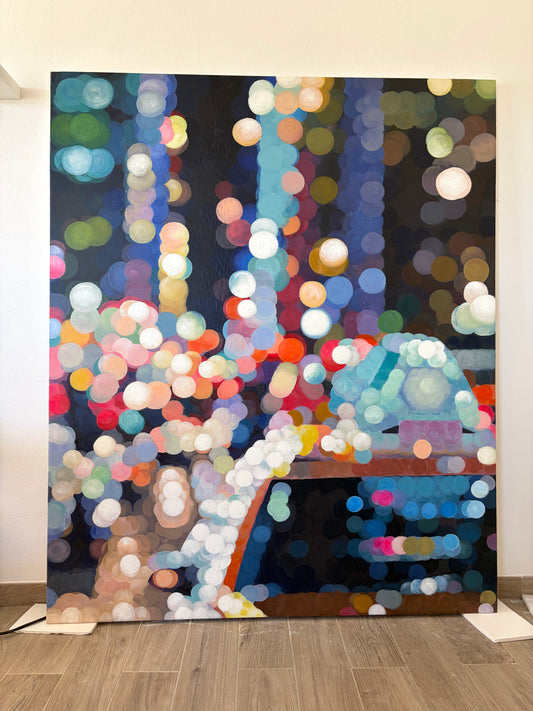 Pointillist NYC oil painting. Taxi