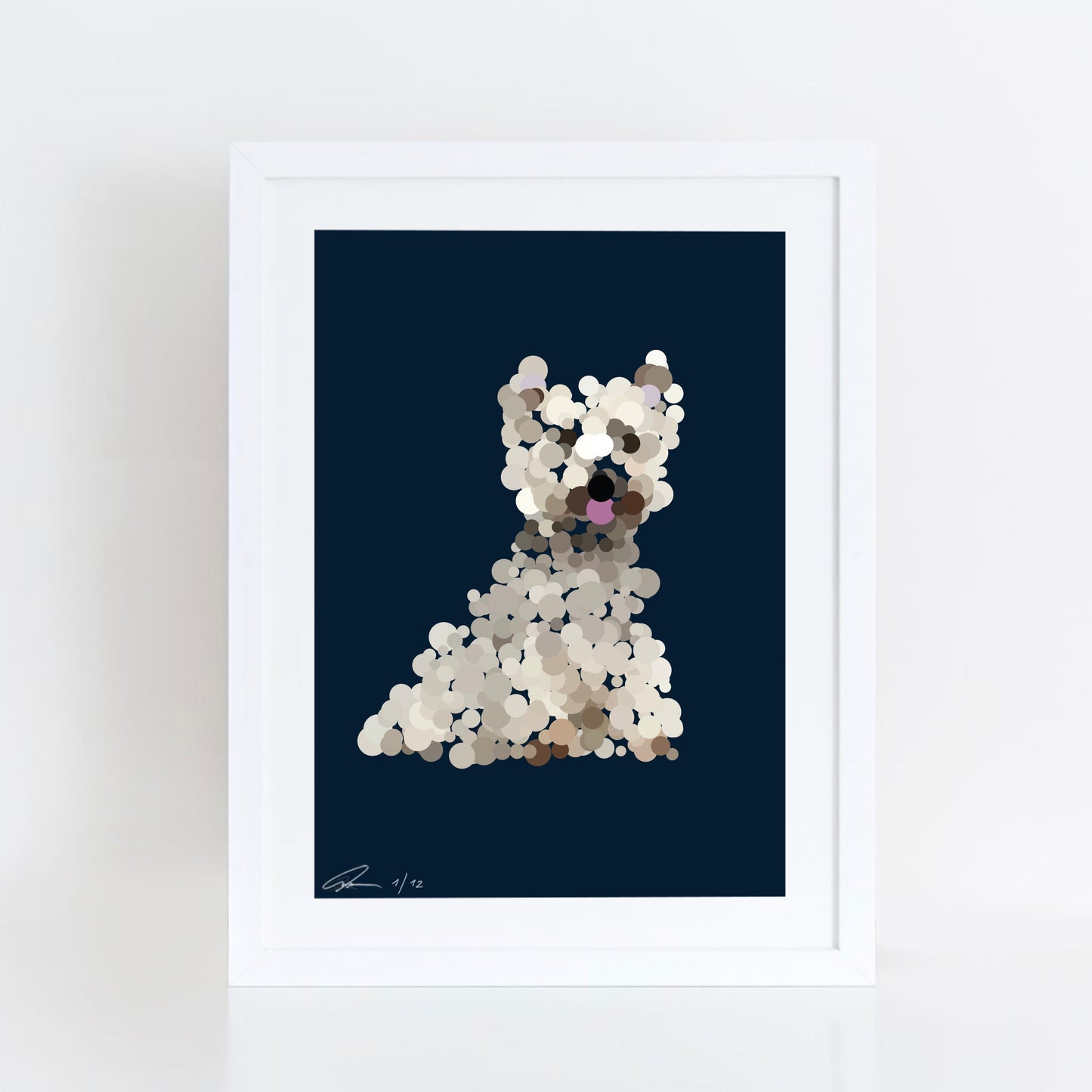 Pointillist happy life-size dogs showing their tongues